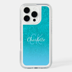 Teal blue turquoise glitter aqua monogram initials iPhone 16 pro case