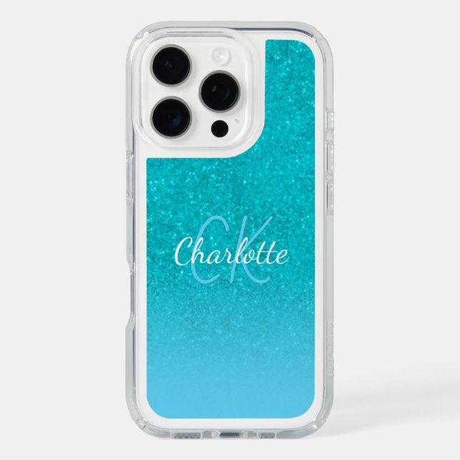 Teal blue turquoise glitter aqua monogram initials speck iPhone case (Front)