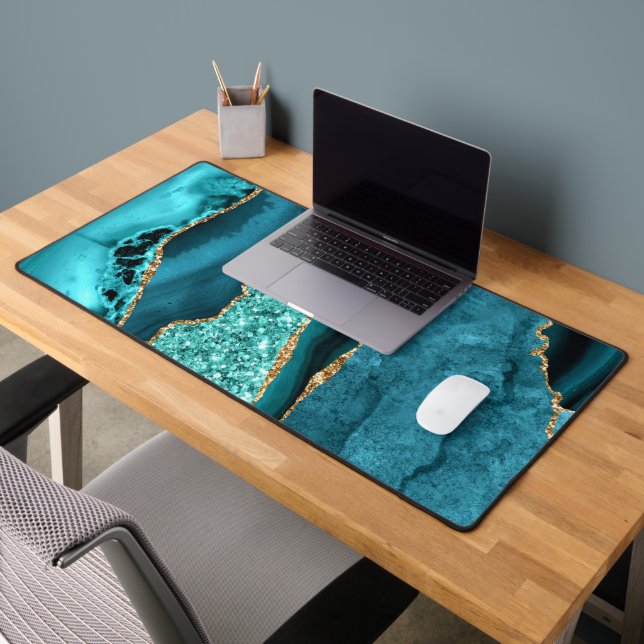 Teal Blue Turquoise Gold Glitter Marble Desk Mat (Office 2)
