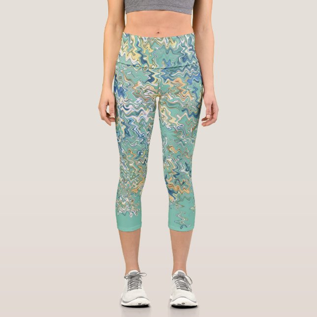 Teal Blue Turquoise Green Chic Unique Pattern  Capri Leggings (Front)