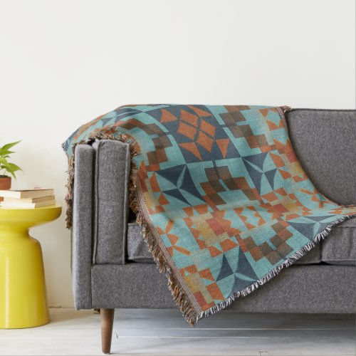 Teal Blue Turquoise Rust Orange Brown Tribal Art Throw Blanket