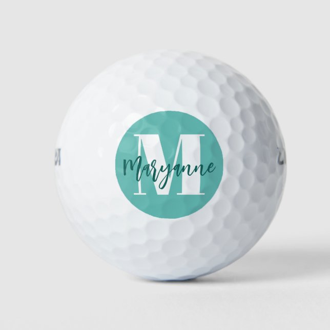 Teal Blue Turquoise Script Monogram Initial Golf Balls (Front)