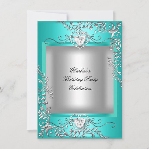 Teal Blue Turquoise Silver Birthday Party Personalized Announcement