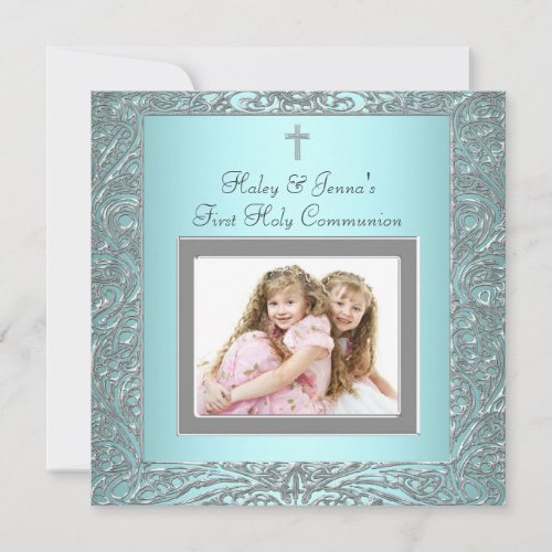 Teal Blue Twins Photo First Communion Custom Announcements