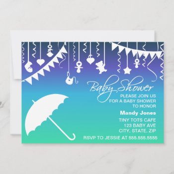 Teal Blue Umbrella Modern Baby Shower Invitations by PeachyPrints at Zazzle