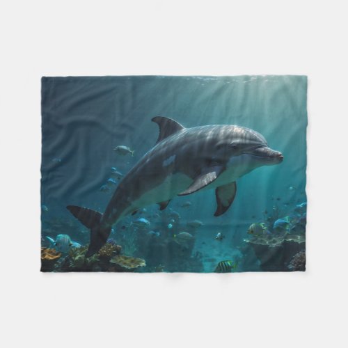 Teal Blue Underwater Dolphin Scene I Fleece Blanket