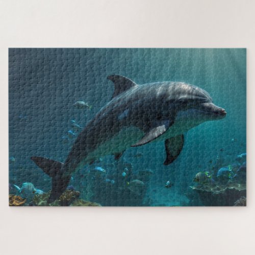 Teal Blue Underwater Dolphin Scene I Jigsaw Puzzle