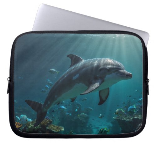Teal Blue Underwater Dolphin Scene I Laptop Sleeve