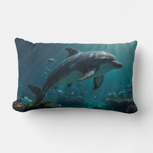 Teal Blue Underwater Dolphin Scene I Lumbar Pillow