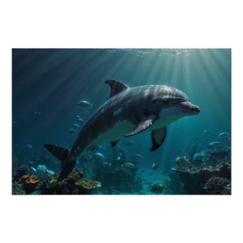 Teal Blue Underwater Dolphin Scene I Poster