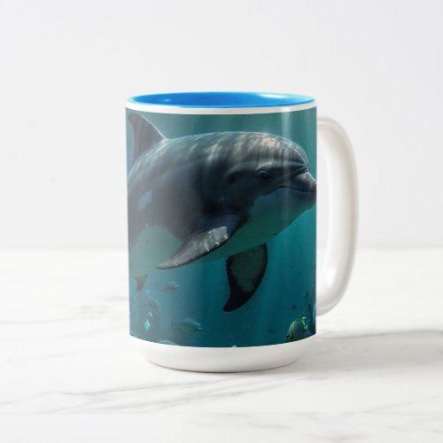 Teal Blue Underwater Dolphin Scene I Two_Tone Coffee Mug