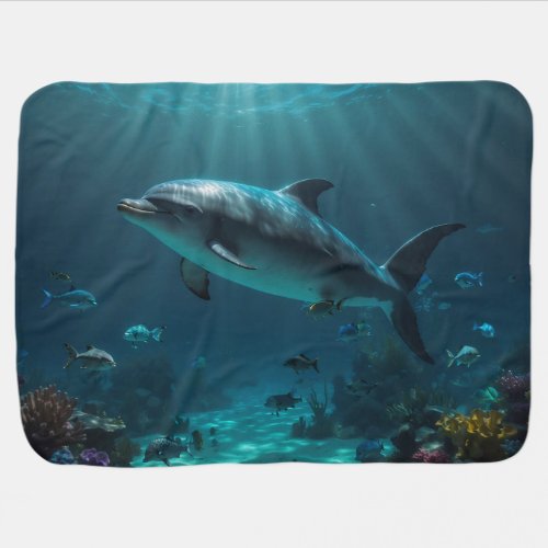 Teal Blue Underwater Dolphin Scene II Baby Blanket