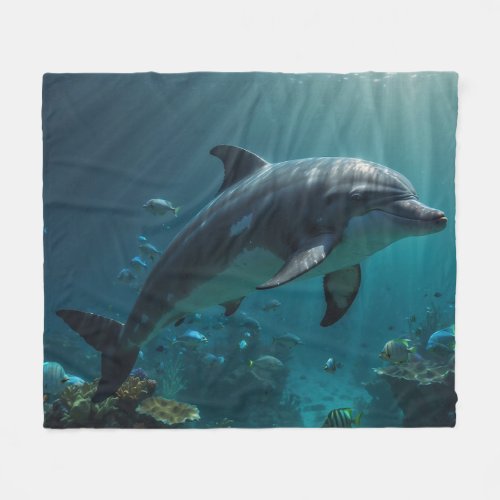 Teal Blue Underwater Dolphin Scene II Fleece Blanket