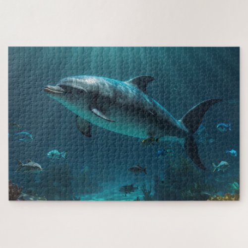 Teal Blue Underwater Dolphin Scene II Jigsaw Puzzle