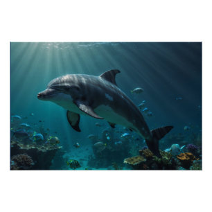 Teal Blue Underwater Dolphin Scene II Poster
