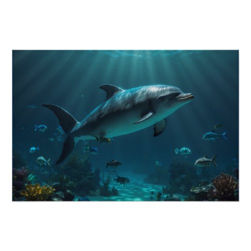 Teal Blue Underwater Dolphin Scene Poster