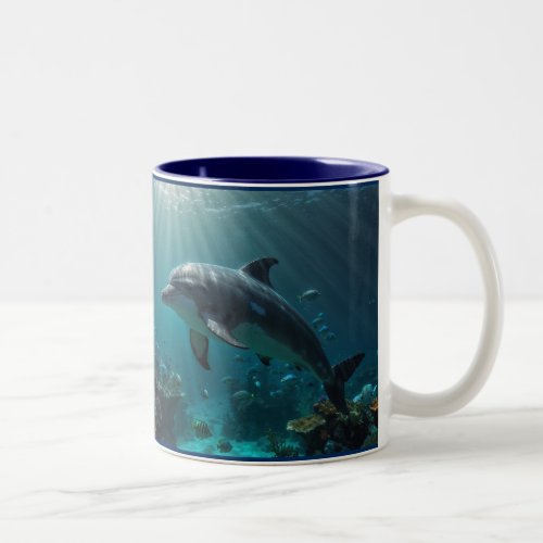 Teal Blue Underwater Dolphin Scenes Two_Tone Coffee Mug
