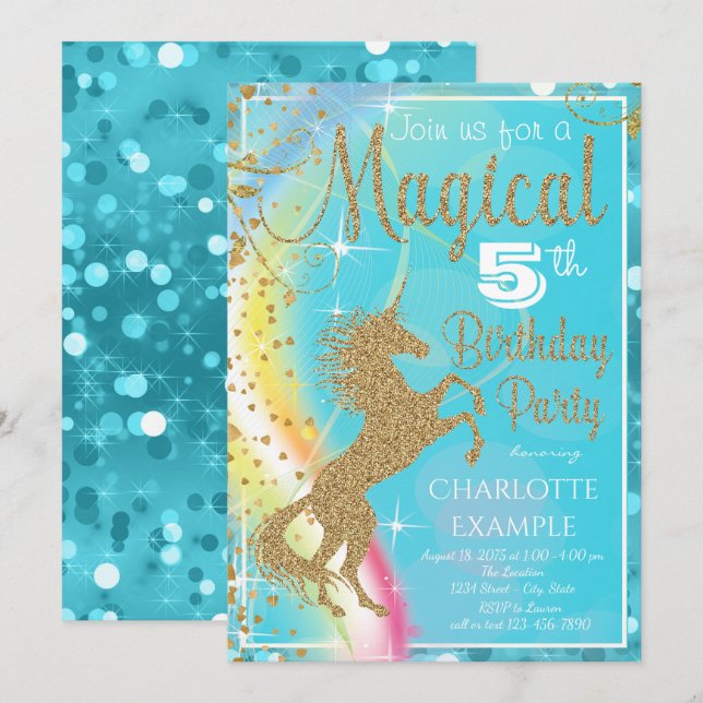 Teal Blue Unicorn Birthday Party Invitations (Front/Back)