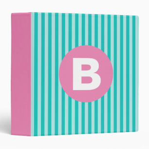 Teal Blue Vertical Striped Pink Circle Monogram 3 Ring Binder