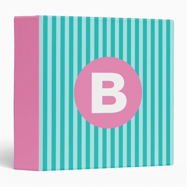Teal Blue Vertical Striped Pink Circle Monogram 3 Ring Binder (Front/Spine)