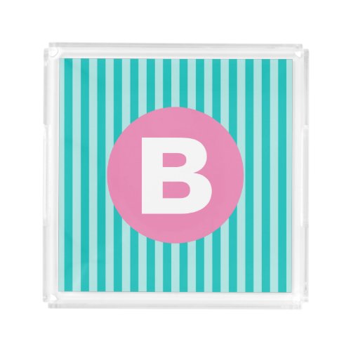 Teal Blue Vertical Striped Pink Circle Monogram Acrylic Tray