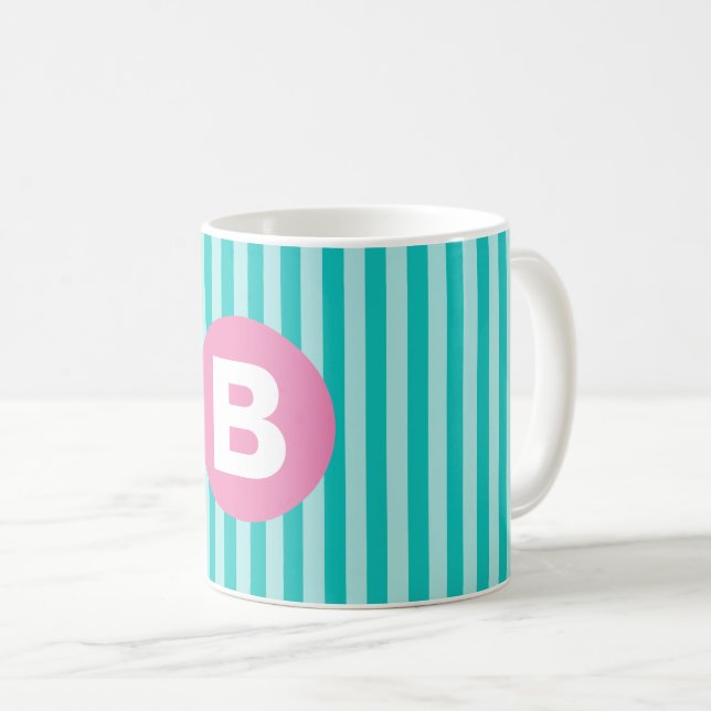 Teal Blue Vertical Striped Pink Circle Monogram Coffee Mug (Front Right)