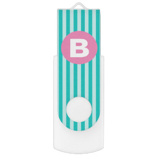 Teal Blue Vertical Striped Pink Circle Monogram Flash Drive