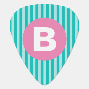 Teal Blue Vertical Striped Pink Circle Monogram Guitar Pick