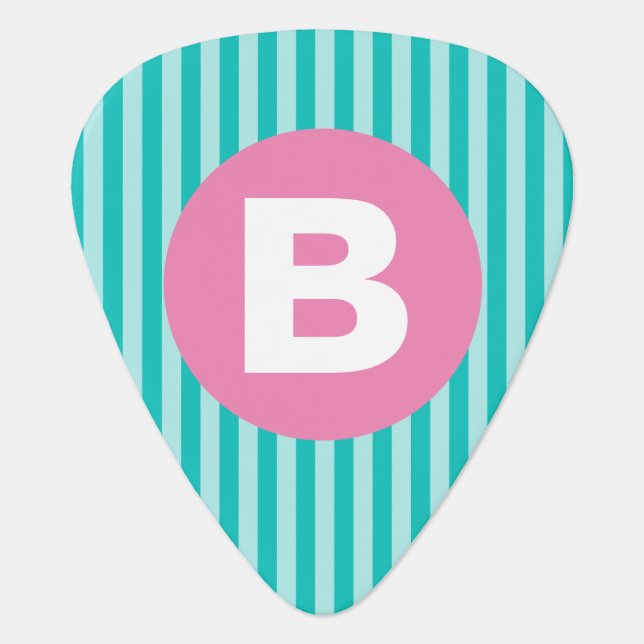 Teal Blue Vertical Striped Pink Circle Monogram Guitar Pick (Front)