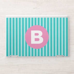 Teal Blue Vertical Striped Pink Circle Monogram HP Laptop Skin