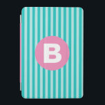 Teal Blue Vertical Striped Pink Circle Monogram iPad Mini Cover<br><div class="desc">Shades of teal vertical stripes background with optional monogrammed central circle that you can change color of or remove.</div>