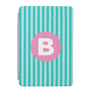 Teal Blue Vertical Striped Pink Circle Monogram iPad Mini Cover