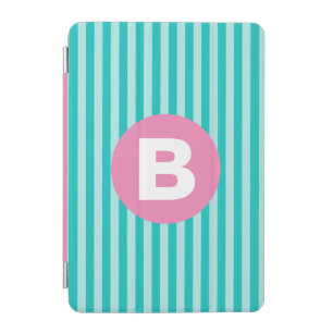 Teal Blue Vertical Striped Pink Circle Monogram iPad Mini Cover