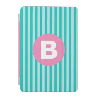 Teal Blue Vertical Striped Pink Circle Monogram iPad Mini Cover