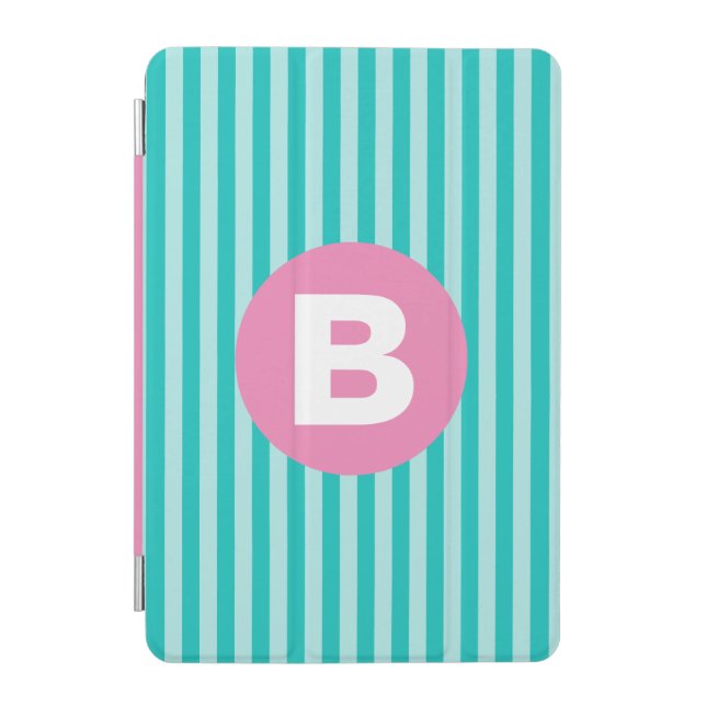 Teal Blue Vertical Striped Pink Circle Monogram iPad Mini Cover (Front)