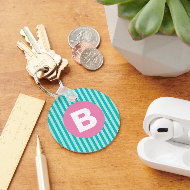Teal Blue Vertical Striped Pink Circle Monogram Keychain (Desk)