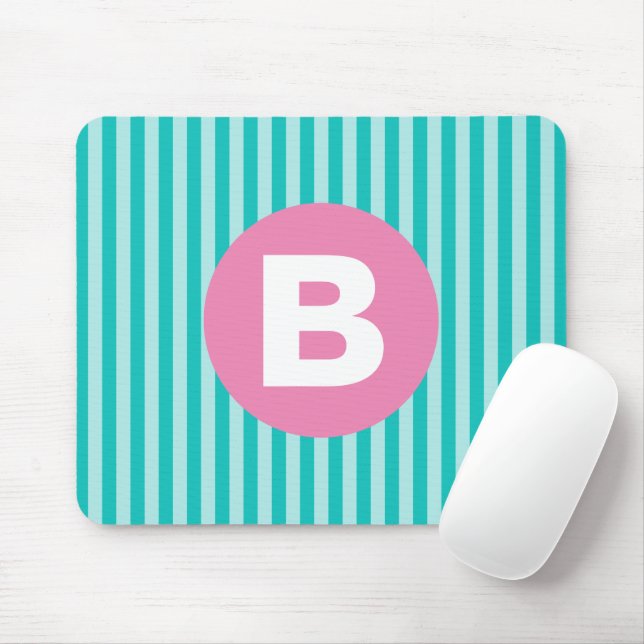 Teal Blue Vertical Striped Pink Circle Monogram Mouse Pad (With Mouse)
