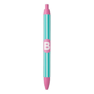Teal Blue Vertical Striped Pink Circle Monogram Pen