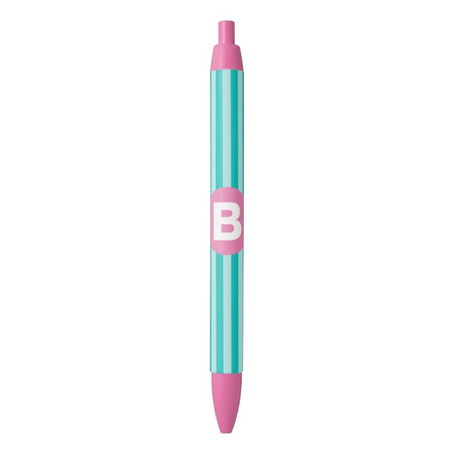 Teal Blue Vertical Striped Pink Circle Monogram Pen (Front Vertical)