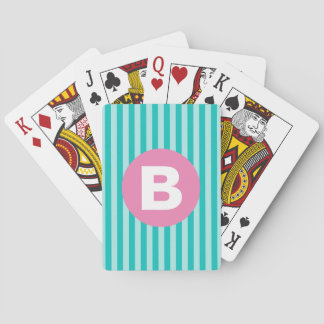 Teal Blue Vertical Striped Pink Circle Monogram Poker Cards