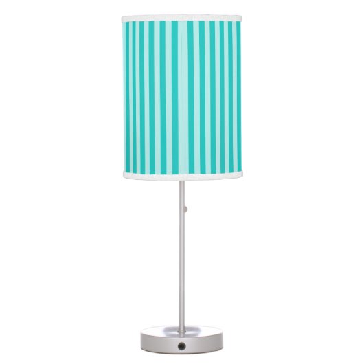 Teal Blue Vertical Striped Pink Circle Monogram Table Lamp (Back)