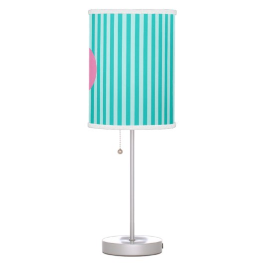 Teal Blue Vertical Striped Pink Circle Monogram Table Lamp (Right)