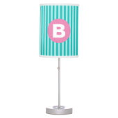 Teal Blue Vertical Striped Pink Circle Monogram Table Lamp (Front)