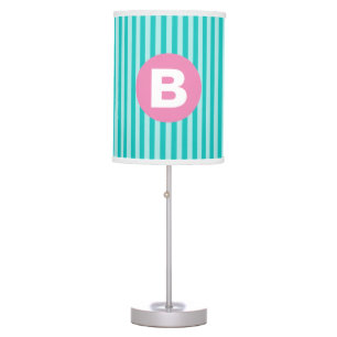Teal Blue Vertical Striped Pink Circle Monogram Table Lamp