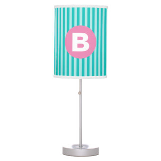Teal Blue Vertical Striped Pink Circle Monogram Table Lamp