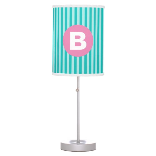 Teal Blue Vertical Striped Pink Circle Monogram Table Lamp
