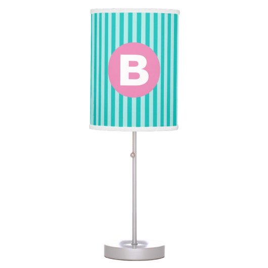 Teal Blue Vertical Striped Pink Circle Monogram Table Lamp (Front)