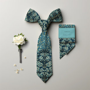 Teal Blue Victorian-Era Floral Snowberry Men's Neck Tie