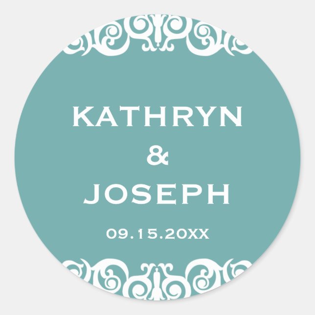 Teal blue Victorian scroll wedding favor label (Front)