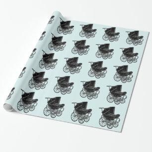 Teal Blue Vintage Baby Carriage Wrapping Paper